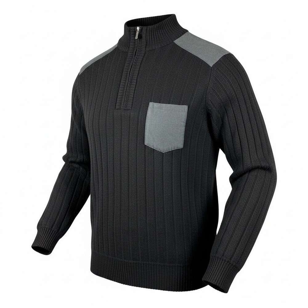 Gioberti Mens Quarter Zip Ribbed Sweater Black Grey Shoulder Patch Pocket Size M